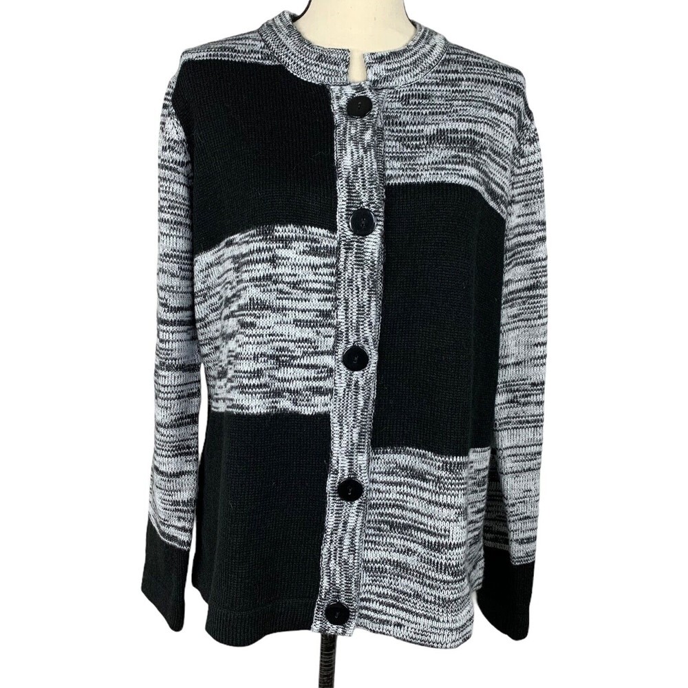 Bedford Fair Cardigan Sweater Women Large Heather Black Block Color 5 Button